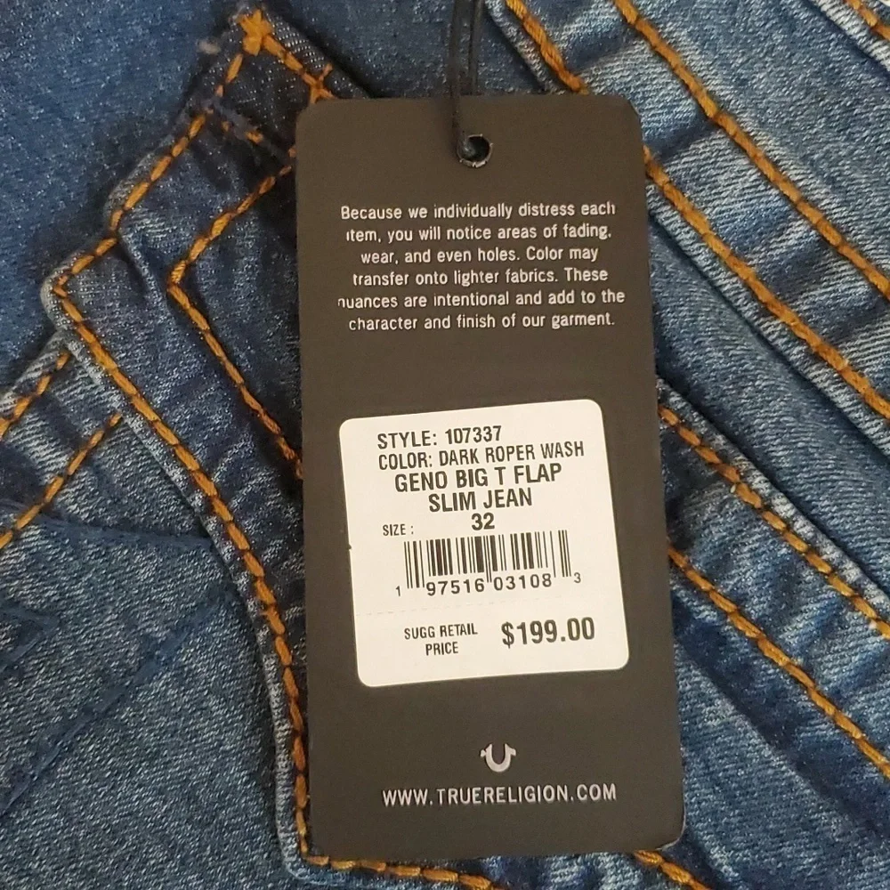 True Religion Geno Jeans 32x32 Relaxed Slim Dark Roper Wash Big‎ T Flap pocket